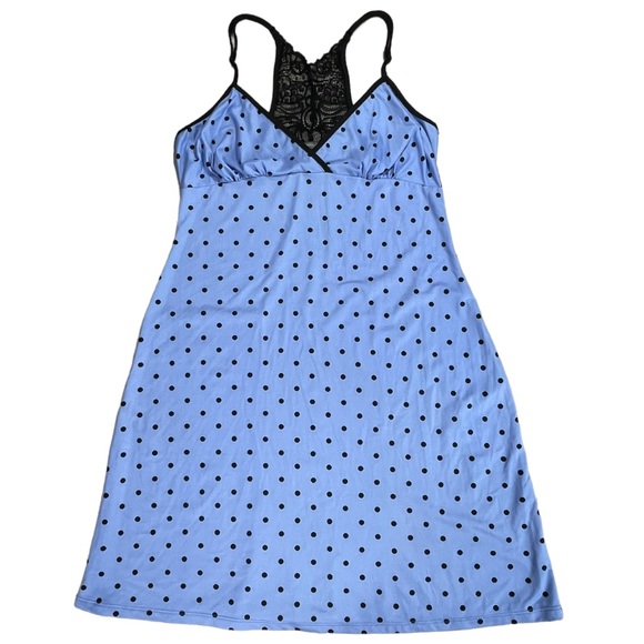Apt.9 size small blue mini slip dress black polka dots sleeveless lace on back - Picture 6 of 12